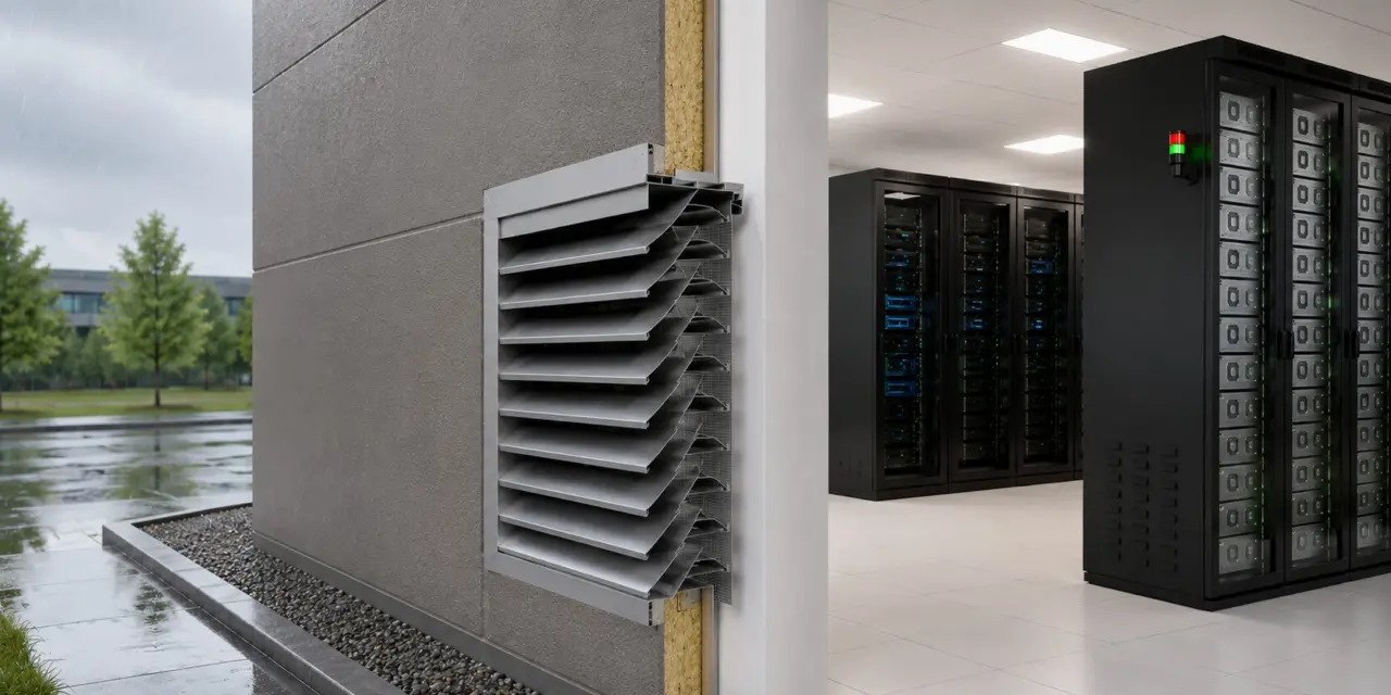 Lüftungsgitter mit Wetterschutzlamellen vor einem Rechenzentrum